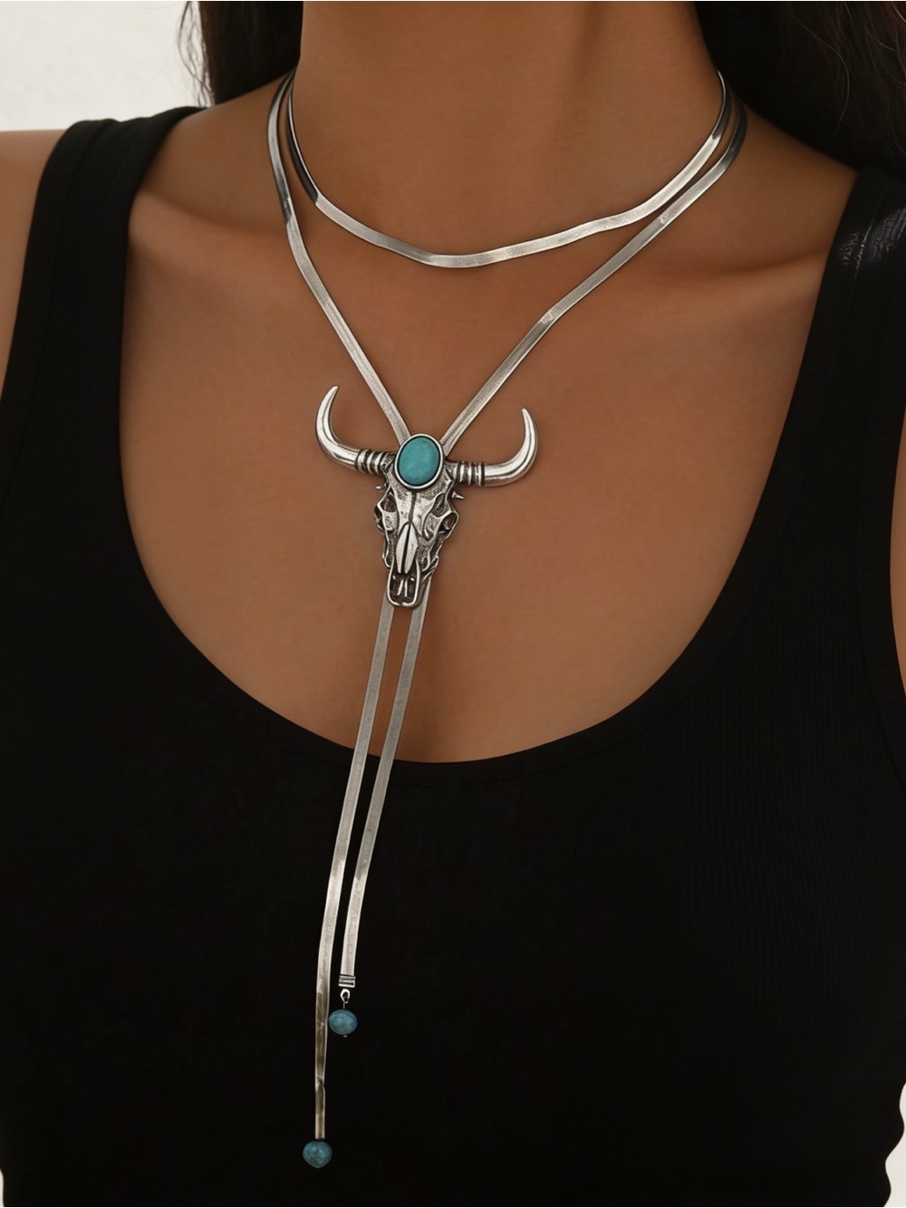 Silver + turquoise bull head bolo lariat western necklace, new!